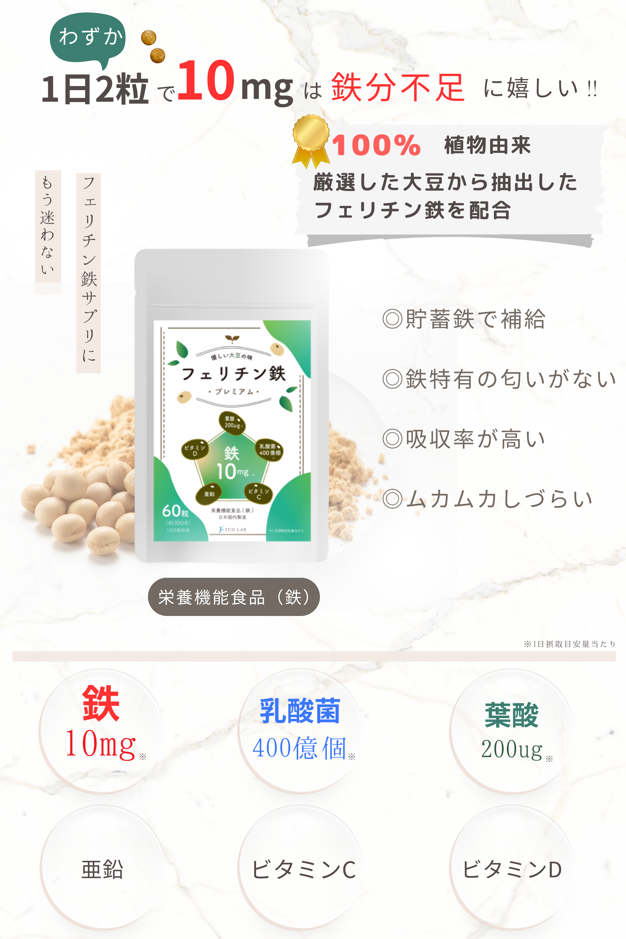 フェリチン鉄 10mg サプリ 乳酸菌400億個 葉酸200μg 栄養機能食品 フェリチン鉄プレミアム